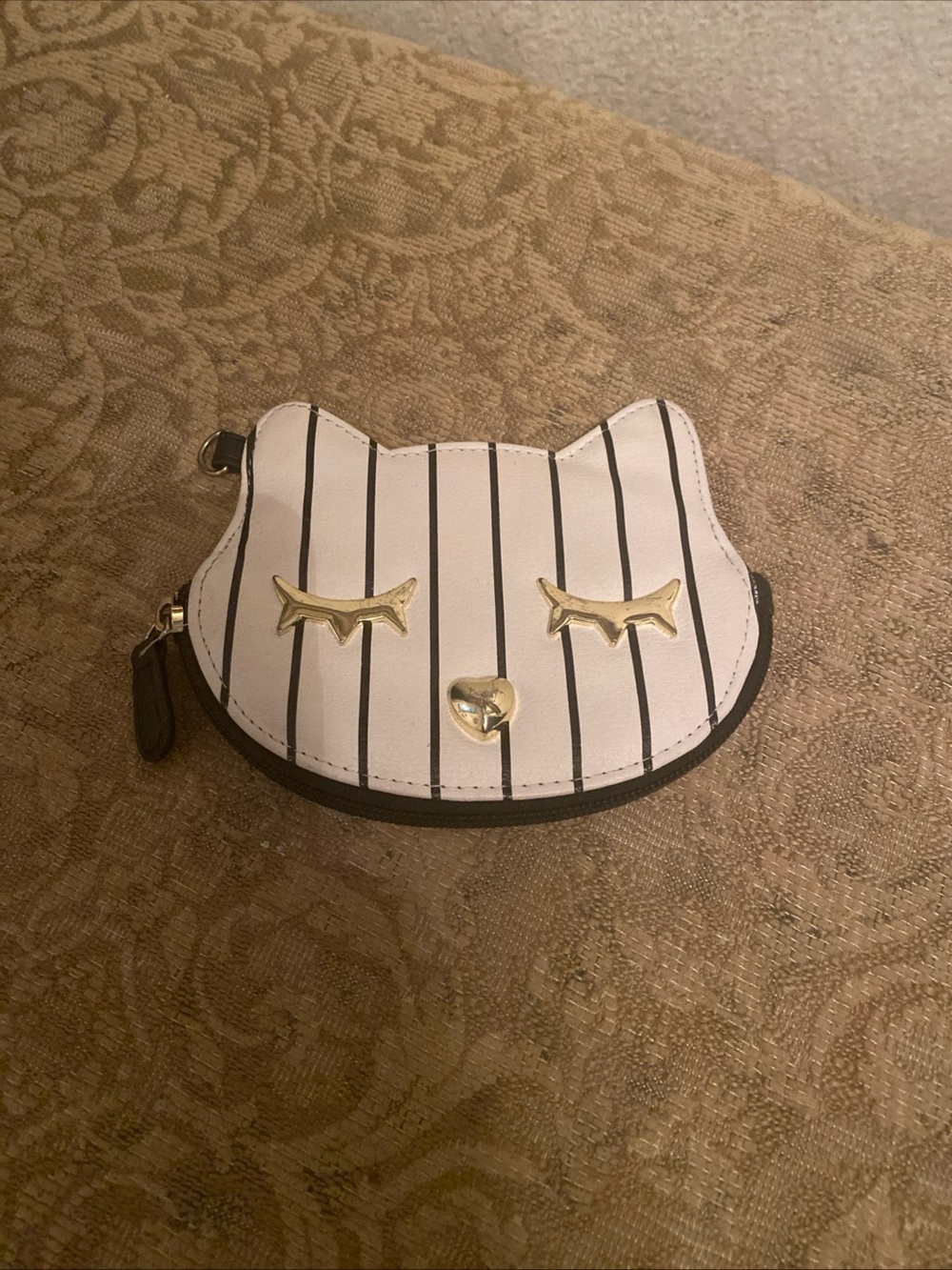 Betsey Johnson White & Black Striped Cat Coin Pouch with Gold Accents